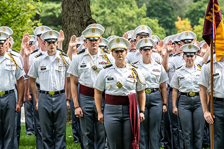 Norwich University Cadets standing at attention during Arrival OATH