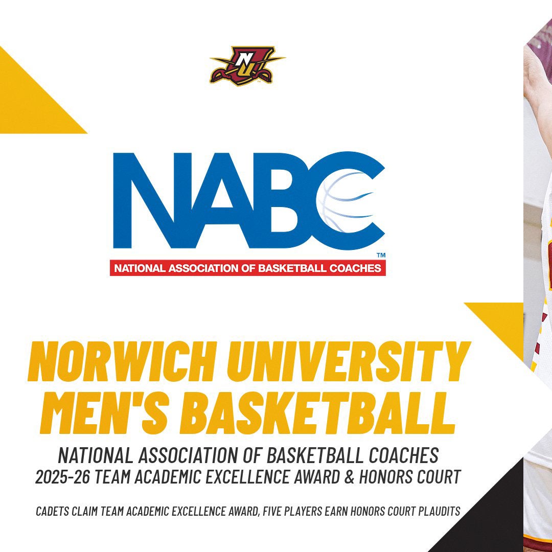 Graphic with NABC logo and text announcing Norwich University men's basketball 2025-26 Team Academic Excellence Award and Honors Court.