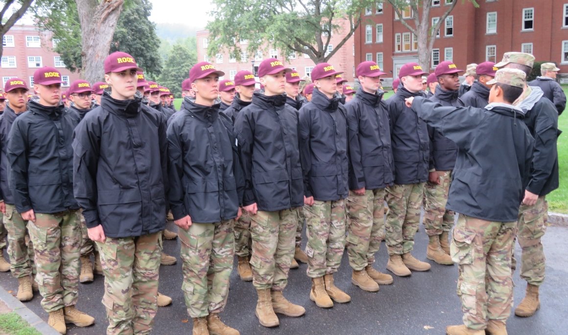 Norwich University rooks lined up in rows, awaiting instruction.