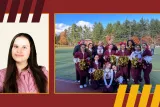 Senior student portrait next to cheer squad