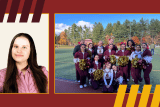 Senior student portrait next to cheer squad