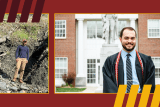 Engineering student on site and in cap and gown post ceremony