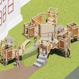 Children play on a large wooden outdoor structure with ramps, platforms, steps, and open frames on a grassy area.