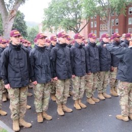 Norwich University rooks lined up in rows, awaiting instruction.