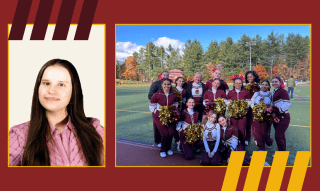 Senior student portrait next to cheer squad