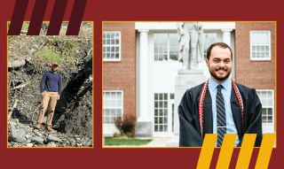 Engineering student on site and in cap and gown post ceremony