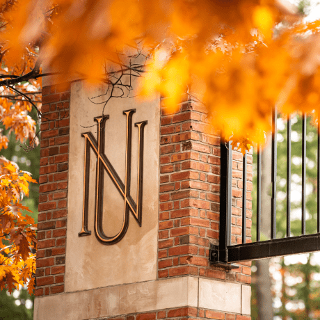 Autumn leaves framing the ornate gold 'NU' logo on a brick pillar at Norwich University.