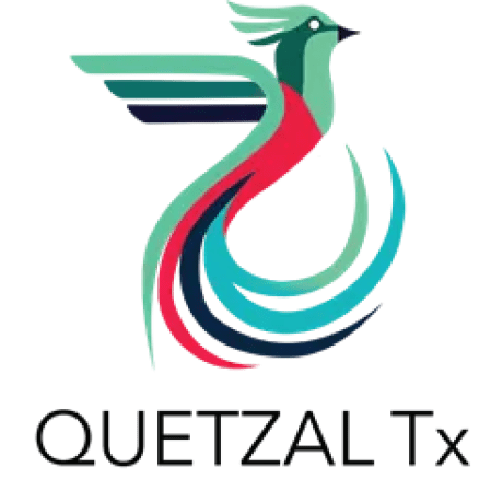 A colorful bird logo for Quetzalt Therapeutics.