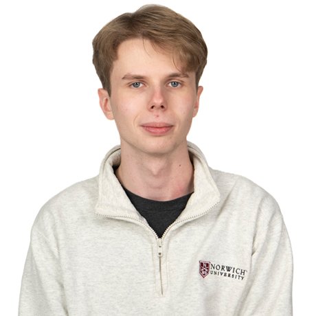 Person wearing a light quarter‑zip pullover with a Norwich University logo.