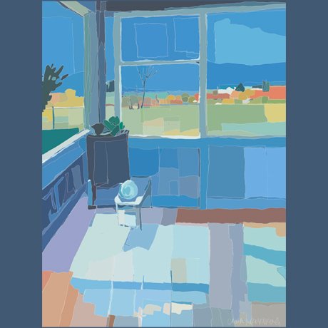 Color‑block illustration of a sunlit room with large blue windows overlooking fields and a distant town, with a small white table and glass orb casting reflections on the floor.