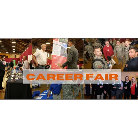 Career Fair Banner - composite image of Norwich students milling about at employer tables meeting with employers and fellow students.