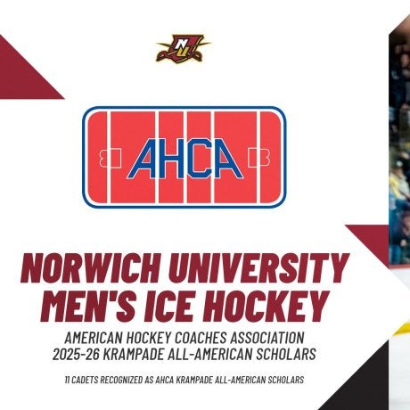Graphic with AHCA logo and text announcing Norwich University men's ice hockey earned 11 AHCA Krampade All-American Scholars for 2025-26.