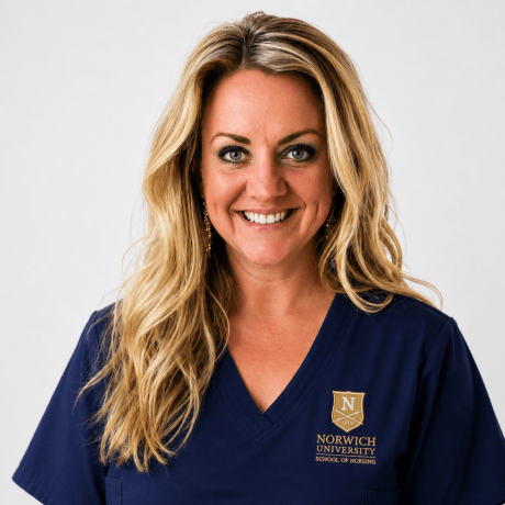 Person wearing navy Norwich University School of Nursing scrubs.