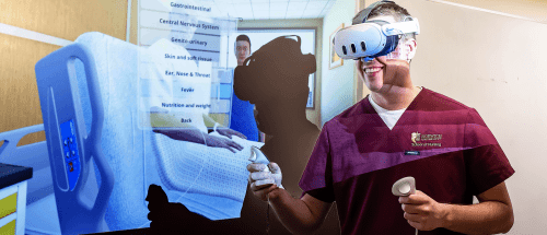 Norwich University nursing student in maroon scrubs uses a virtual reality headset and controllers for clinical simulation in a classroom.