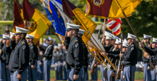 Norwich Corps of Cadets in formation on Sabine Field.
