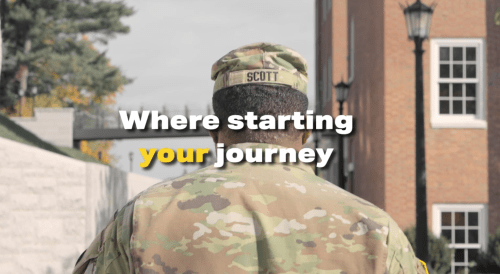 Male student in camo walking away from viewer. "Where starting your journey" overlaid as the beginning of the video.