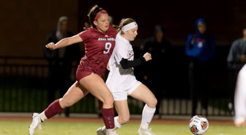 Two soccer players compete for the ball during night match.