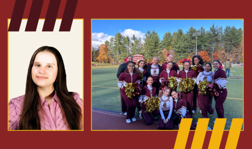Senior student portrait next to cheer squad