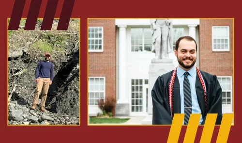 Engineering student on site and in cap and gown post ceremony