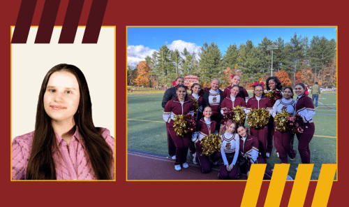 Senior student portrait next to cheer squad