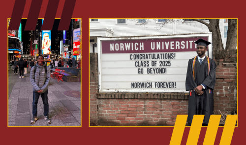 Student in Times Square next to Graduation photo