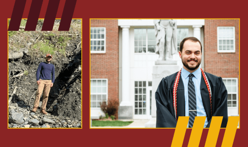 Engineering student on site and in cap and gown post ceremony