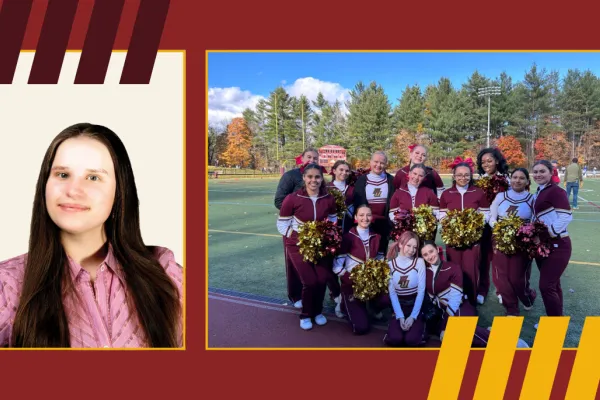 Senior student portrait next to cheer squad