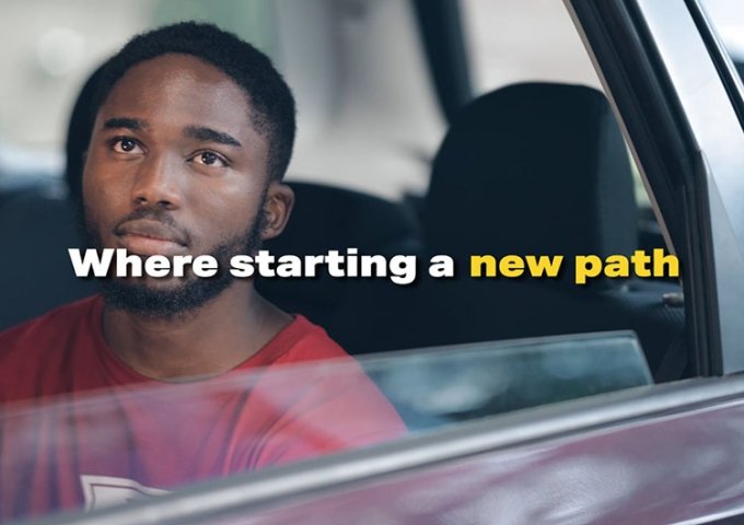 Invite Challenge thumbnail, student looking out car window. "Where starting a new path"