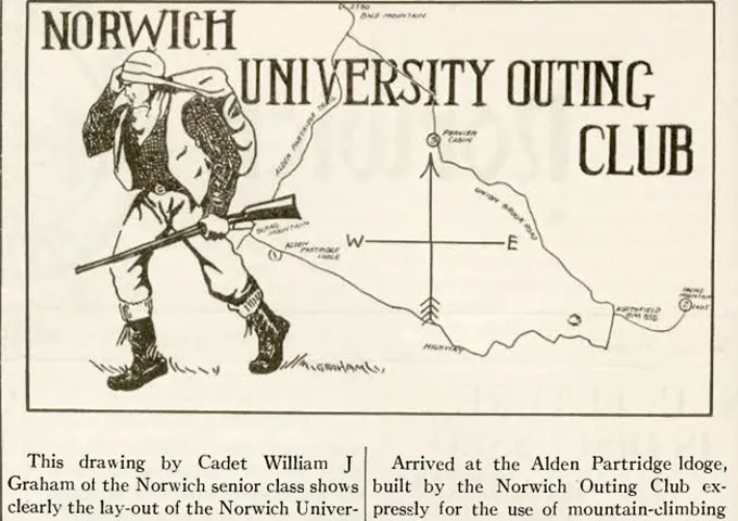 Illustration from 1926 Norwich Student newspaper of Cadet hiking with pack and rifle for Norwich University Outing Club 