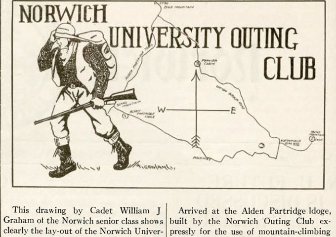 Illustration from 1926 Norwich Student newspaper of Cadet hiking with pack and rifle for Norwich University Outing Club 
