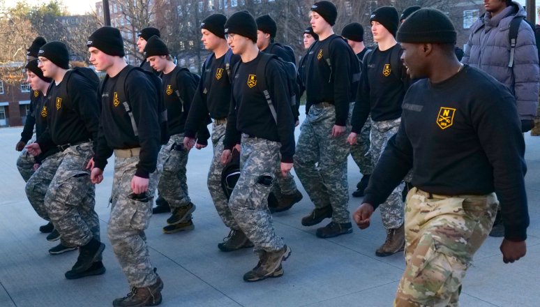 Student in LCW marching on campus in formation.