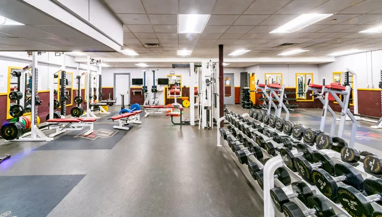 Plumley Armory Fitness Center at Norwich University featuring rows of free weights, benches, squat racks, and maroon and gold accents throughout the gym.