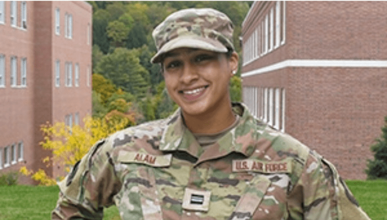 Cadet Zoha Alam ’24 in Air Force uniform smiling on Norwich's campus.