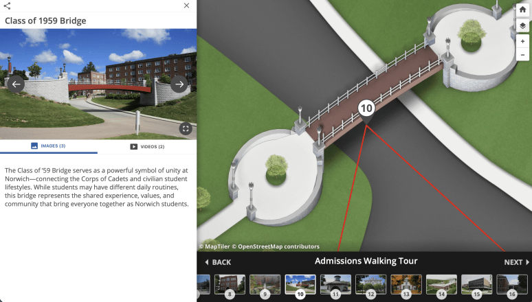 Map illustration shows a pedestrian bridge labeled 10 connecting two circular areas over a road.