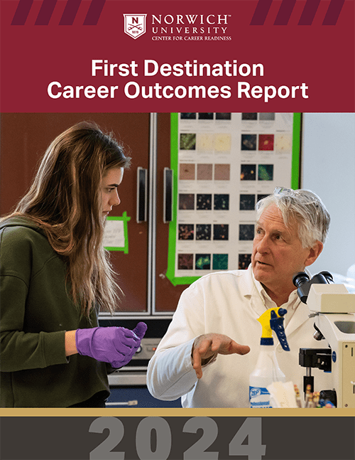 Cover from CIC First Destination Survey 2024 Student and Professor working in lab