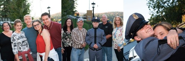 Family Weekend collage photo of civilian and cadet families smiling and hugging