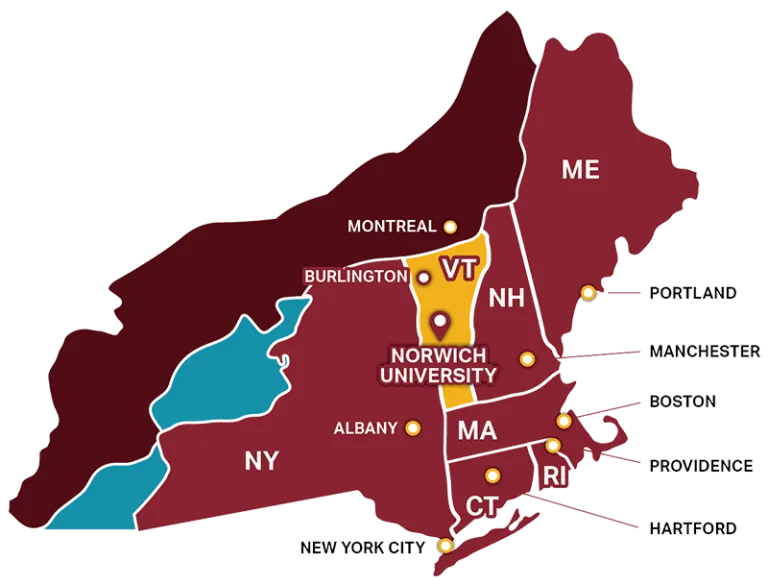 Map of New England showing Norwich University of VT proximity to nearby Burlington, and drivable to Boston, Albany, Montreal, and New York City
